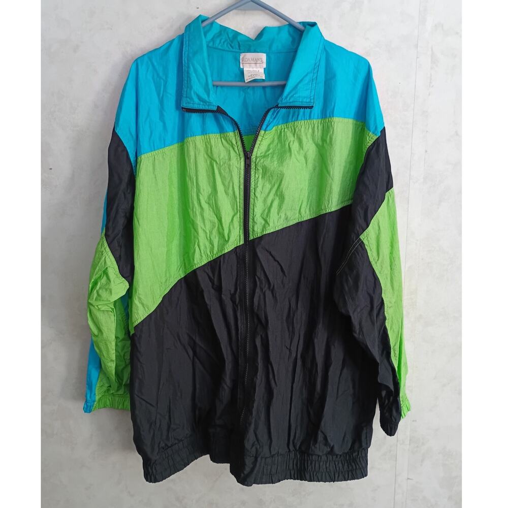 Vintage 90s Roamans Windbreaker Jacket 1X Teal Green Black Colorblock Plus Size